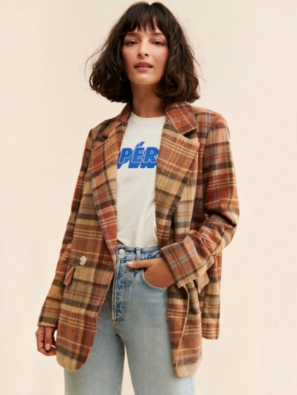 Free People Mari Plaid Blazer Coat In Winter Wheat L, Autumn Style, Oversized